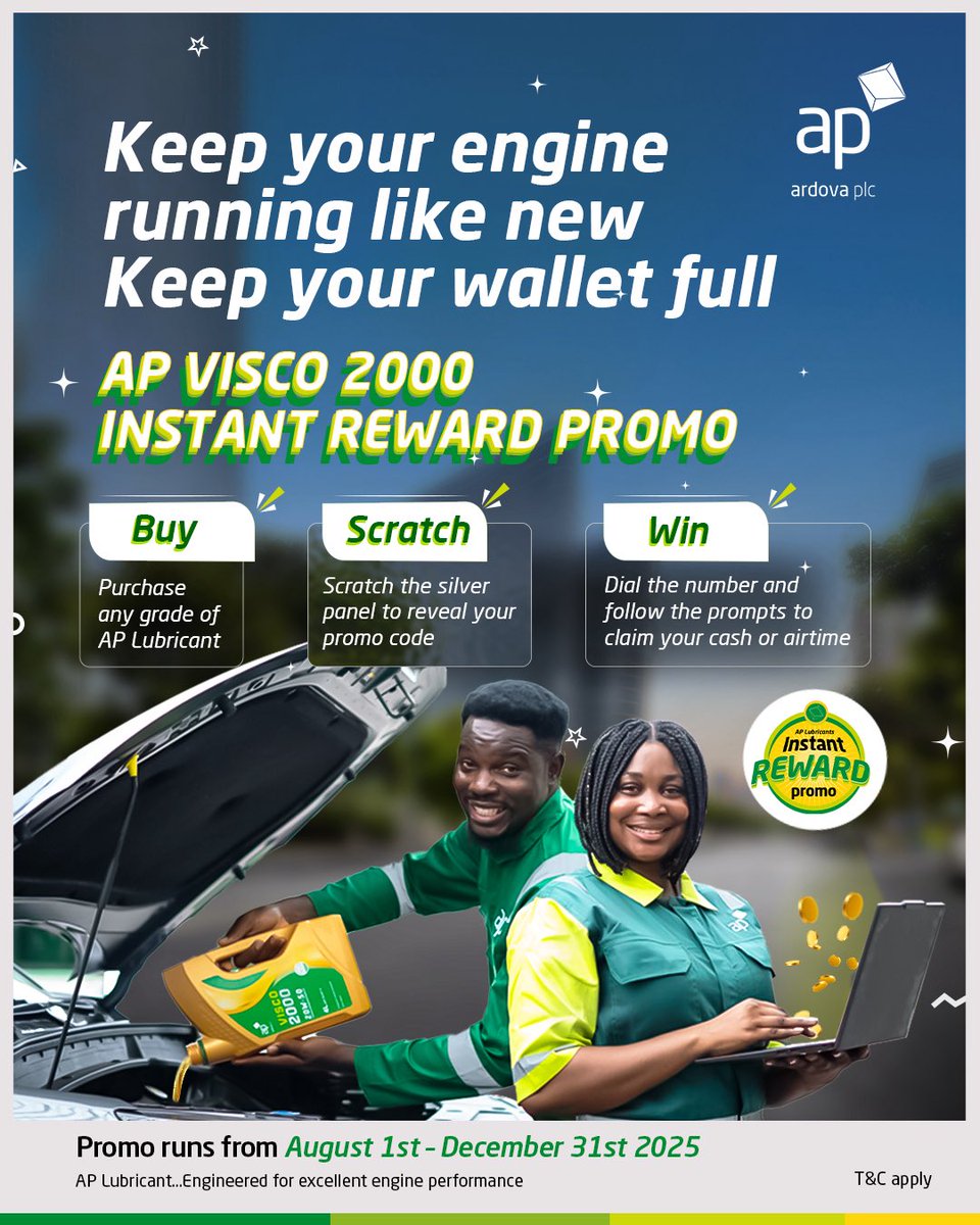 ardovaplc's tweet image. Reward your ride,
Reward yourself!

Buy any AP Lubricant and win instant cash or airtime.

With AP Lubricants everybody is a winner!

#APLubricants 
#APVisco2000 #InstantRewardPromo 
#ArdovaPlc 
#BuyScratchWin