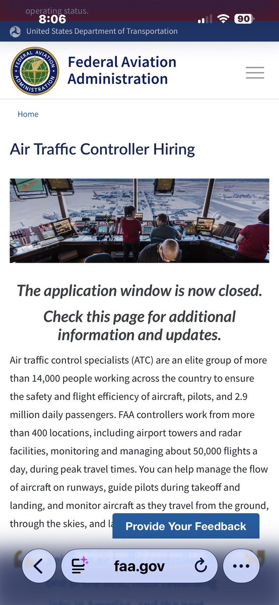 nukso1's tweet photo. @tomcostellonbc Tom, if controller staffing is so critical why is the website saying the hiring window is closed? https://t.co/3ev73OuLni