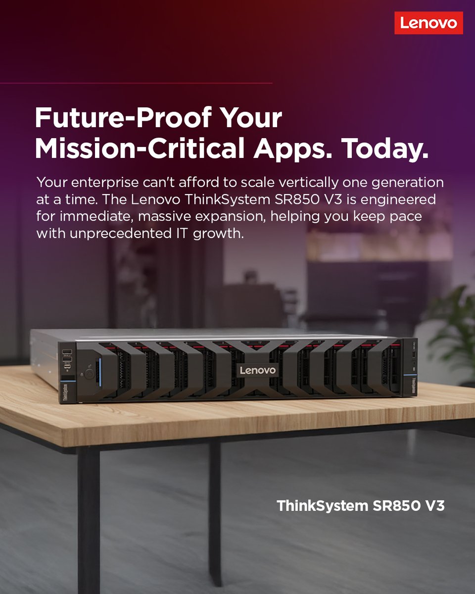 Lenovo_in's tweet image. The 2U server that defies expectations. Power through demanding workloads with the ThinkSystem SR850 V3 - built for performance, density, and limitless scalability.

Stop limiting potential. Start expanding it.

#Lenovo #ThinkSystem #SmarterTechnology