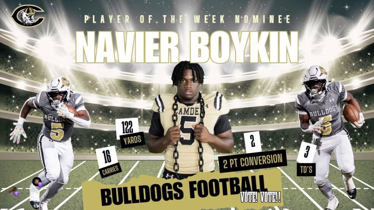 FootballCamden's tweet image. Bulldogs RB, #5 Senior Navi Boykin, has been nominated as The State Midlands Player of the Week.

Boykin had 16 carries, 122 yards, with 3 tds, 2 two-point scores in the win over Greer.

Voting takes place @https://amp.thestate.com/sports/high-school/article312855738.html