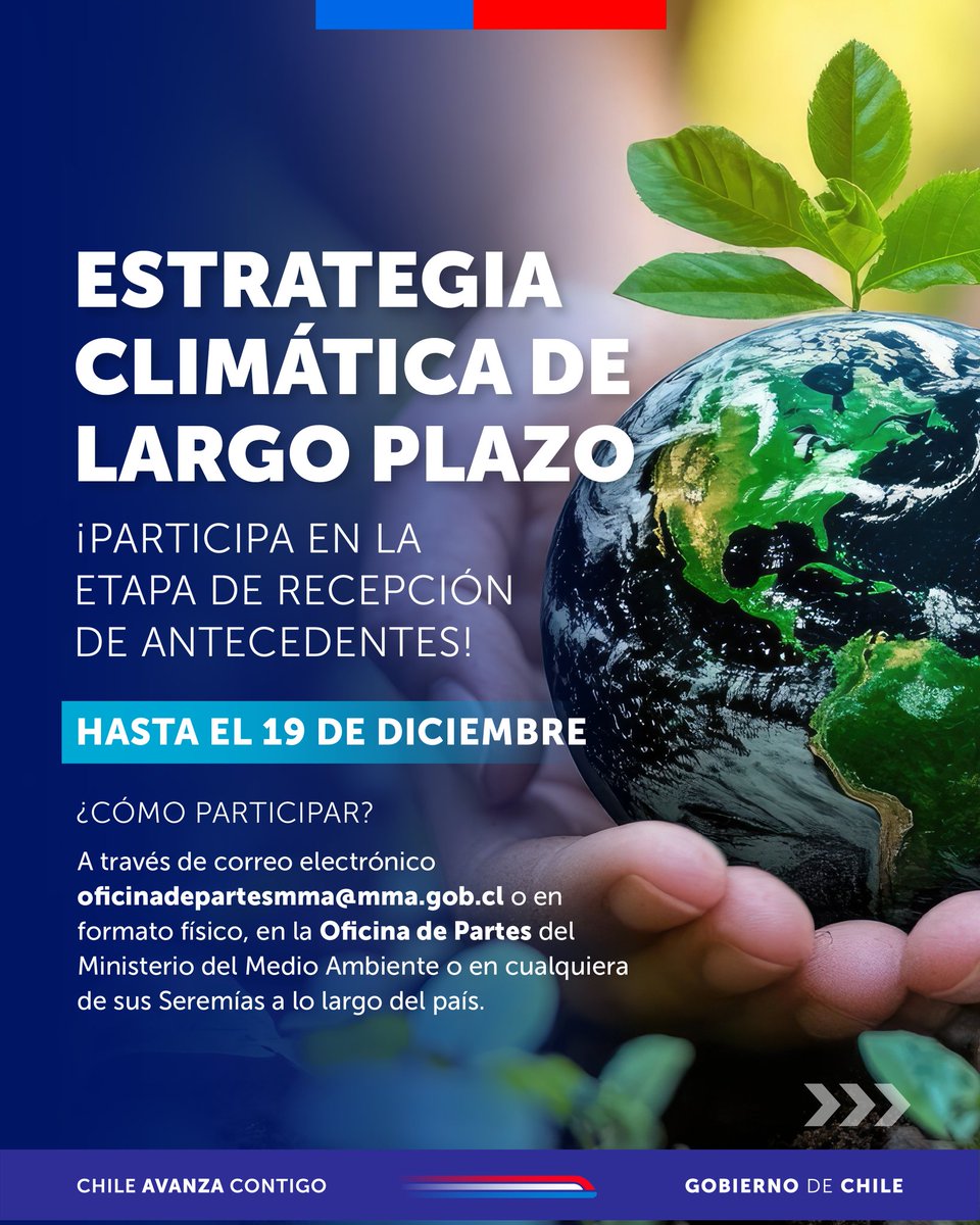 MMAChile's tweet photo. Abierta la recepción de antecedentes para la Estrategia Climática de Largo Plazo: plan para guiar nuestras políticas climáticas por 30 años con el objetivo de alcanzar la carbono neutralidad y aumentar la resiliencia a los efectos del cambio climático. Esperamos tu participación https://t.co/tupFZIcJ49