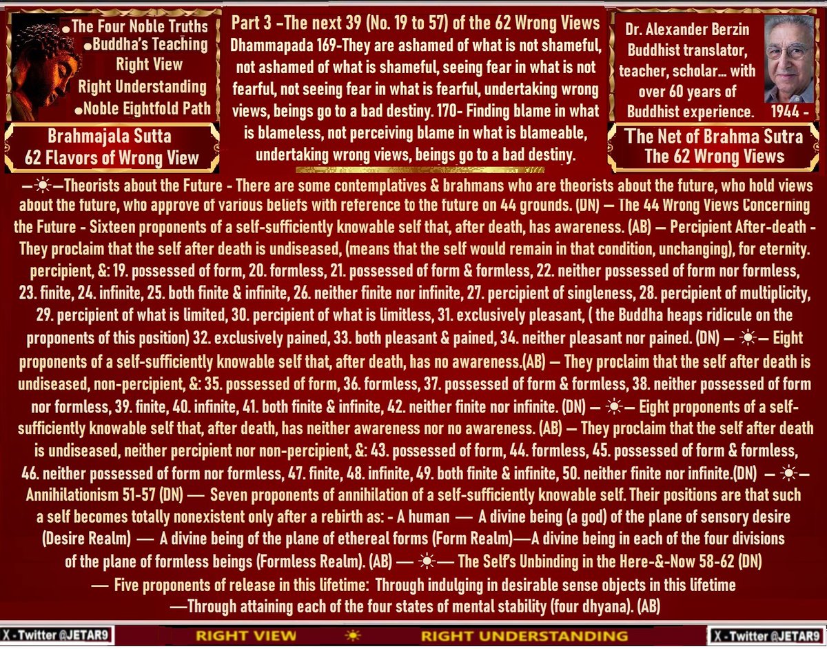 JETAR9's tweet image. #RightUnderstanding #RightView
#Buddha’s Teachings
#Brahmajala Sutta The Net of Brahma Sutra
62 Flavors of Wrong View
Study #Buddhism
The 62 Wrong Views
By Dr. Alexander Berzin
☀
#Bahuna Sutta
Translated Thanissaro Bhikkhu
Ven. Bahuna went to the Blessed One and, said : “Lord,…