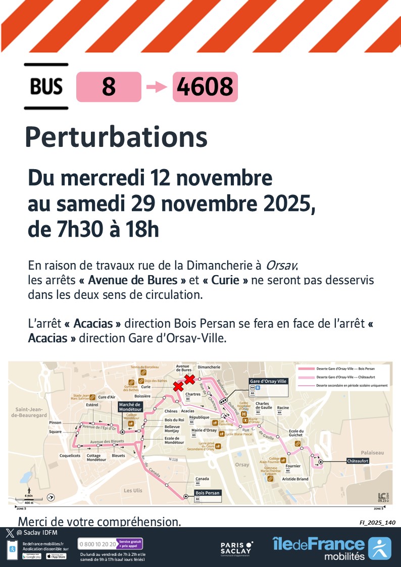 🚨 #infotrafic #Travaux #Ligne4608
‼️Du 12/11 au 29/11/25, de 7h30 à 18h
🚧rue de la Dimancherie
❌Arrêts Curie et Avenue de Bures non desservis
✅L'arrêt Acacias vers BOIS PERSAN est reporté en face de l'arrêt Acacias vers GARE D'ORSAY-VILLE

<a href="/MobParisSaclay/">Mobilités - Paris-Saclay</a> <a href="/Orsaynotreville/">Ville d'Orsay</a>