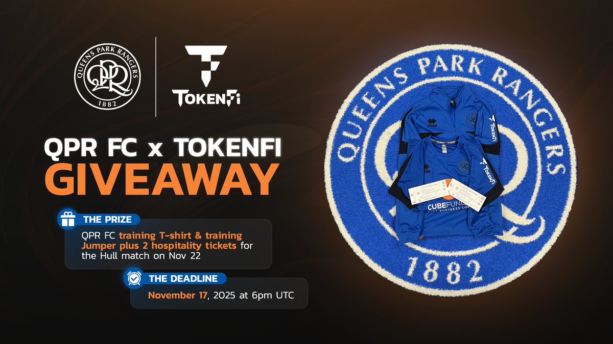 QPR's tweet image. A @TokenFi x @QPR giveaway 🤩

TokenFi branded training kit 👕
Two hospitality tickets for Hull (H) 🥂

To enter:

1️⃣ Follow @TokenFi + @QPR 
2️⃣ Like this post
3️⃣ Re-post

Competition closes 6pm on 17th November ⏰

Good luck! 🤞