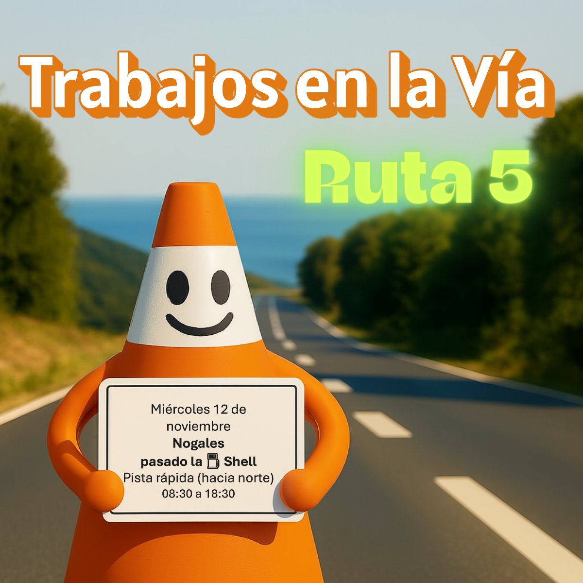 Estamos trabajando en la ruta 5 altura Nogales, cerca de la ⛽️Shell para que se ubiquen, en la pista rápida hacia el norte. 
Cuídanos, baja la velocidad y cámbiate de pista con anticipación. #TrabajosEnLaVia
<a href="/radiocarab/">Carabineros Radio</a> <a href="/biobio/">BioBioChile</a>