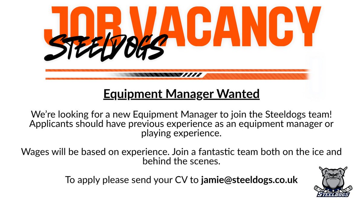 JOB VACANCY 📢

We’re looking for an Equipment Manager to join the Steeldogs team!
There’s no better time to get involved than right NOW.

📧 To apply, please send your CV to jamie@steeldogs.co.uk

#SteeldogsHockey