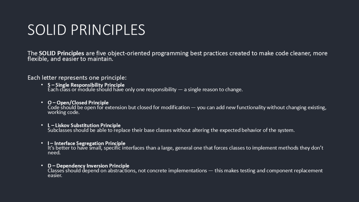 TeraWoofStudio's tweet image. The SOLID Principles are five object-oriented programming best practices created to make code cleaner, more flexible, and easier to maintain.

#pixiJS #SOLID #gamedev #Networking #principles #gaming