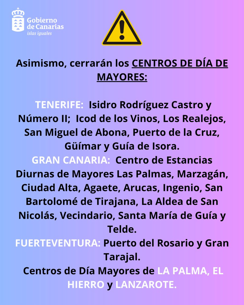 🚨⚠️ ¡IMPORTANTE!

Debido a la actual situación meteorológica, mañana jueves, 13 de noviembre, se suspende la actividad en todas las escuelas infantiles y en los centros de mayores dependientes de esta Consejería.
