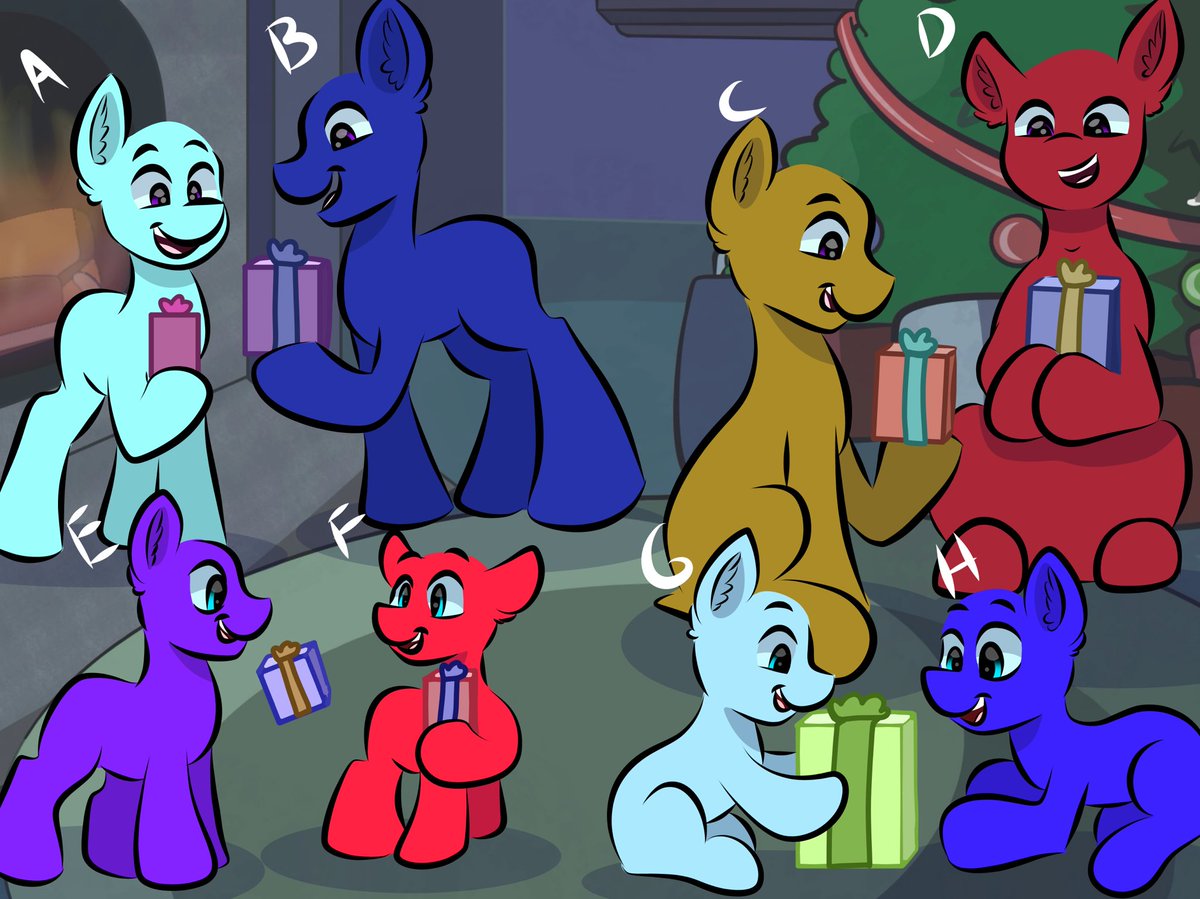Did some work on the present exchange ych ^.^ Thank you <a href="/WeissLucario/">🌨️Grey Skies 🌧️</a> for the idea! 
$25 for the whole pic for you and your friends or $4 to claim a spot on one with everyone else ^.^
Comment to claim a spot ^.^ I can make more than one
#mlp #mylittlepony #pony #ych #Christmas