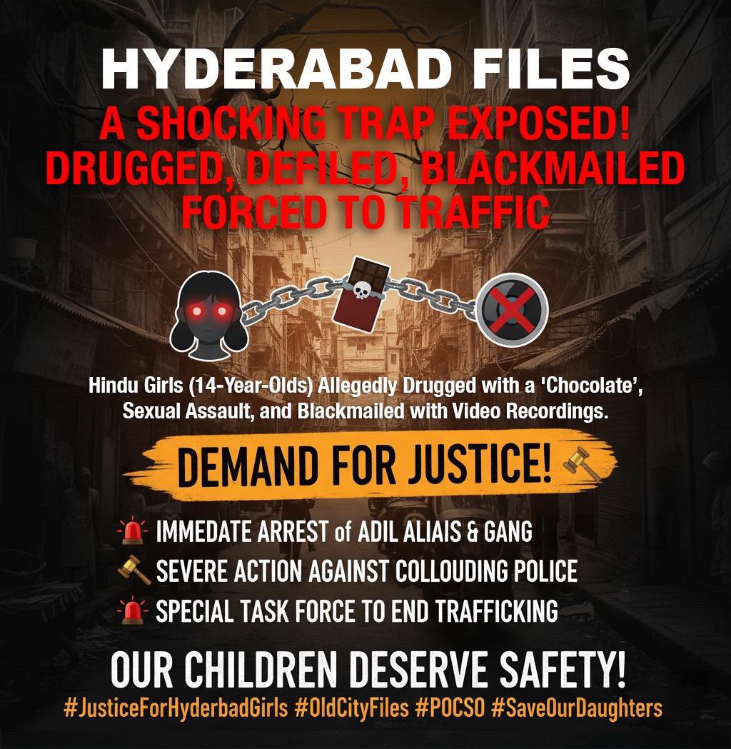 The allegations of minor Hindu girls being lured with drug-laced chocolates, sexually assaulted, blackmailed with video, and forced into trafficking are horrific.

Immediate Action Demanded:

Arrest the Gang: <a href="/TelanganaPolice/">Telangana Police</a> must immediately arrest the prime accused, Adil alias