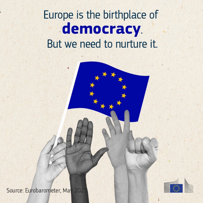 EU_Commission's tweet photo. The EU is built on the foundation of democracy. 🇪🇺 

But democracy needs care and renewal, especially when 70% of Europeans fear foreign interference in elections. 

Today we present the European Democracy Shield and the EU Strategy for Civil Society. 

↓