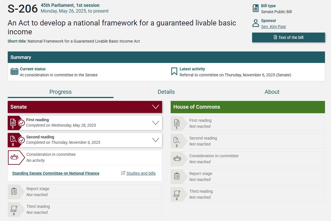 Regarding UBI. Don't panic!!

The current Senate Bill S-206 (45th Parliament, 1st Session, introduced May 28, 2025, by Senator Kim 
Pate) is the third incarnation of legislation proposing a national framework for a Guaranteed Livable Basic Income.

Its the reintroduction of the