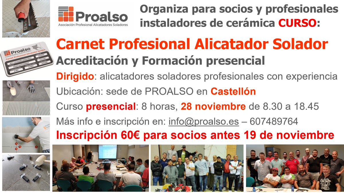 Proalso's tweet image. Formación para instaladores de cerámica profesionales: Curso para la obtención del Carnet Profesional Alicatador Solador. Si estás interesado, aprovecha la ocación para actualizar tus conocimientos de colocación #UNE138002 y certificar tu experiencia. Info n9.cl/09jhss