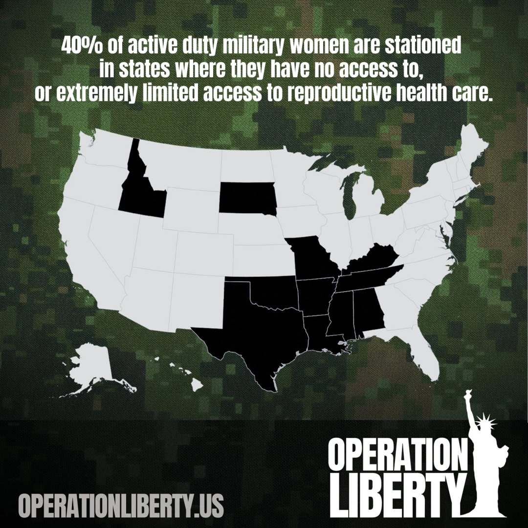 OpLibertyUS's tweet photo. 40% of active duty military women are stationed in states where they have no access to, or extremely limited access to, reproductive health care. They must have access to the care they need to maintain their health and readiness. Support #OperationLiberty and join the... https://t.co/sRyaPvXI9Q