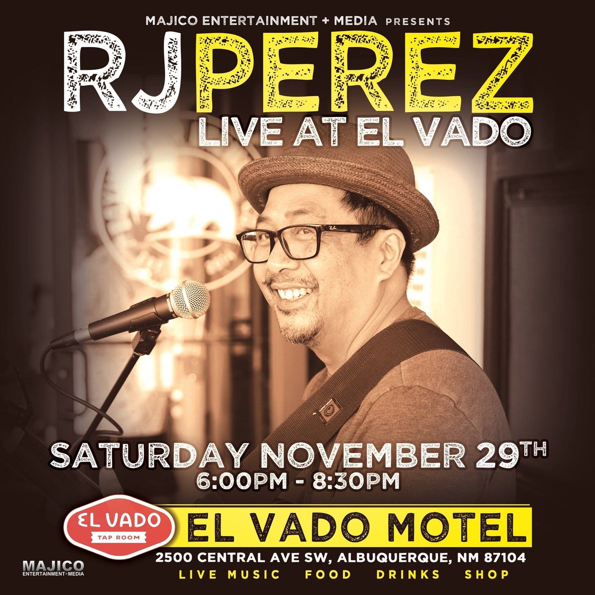 🎶 Sat, Nov 29 | 6–8:30 PM
RJ Perez live at El Vado! 🎸
Genre-defying guitar, live looping &amp; soulful covers from The Beatles to Bob Marley. 🍺 Taproom drinks + 🍜🌮🍦 eats.
#ElVadoABQ #MajicoEnt