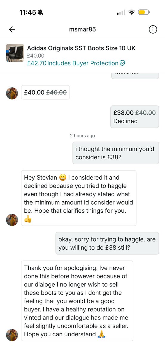 iamstevain's tweet photo. this is the kind of bullshit that we’re dealing with now on @vintedUK @vinted. a site that is made for second hand selling and negotiating; i asked for a fair price and apologised for offending the seller only to be blocked when i tried to buy it at the price she wanted. #vinted https://t.co/0Ehtyoe7j2