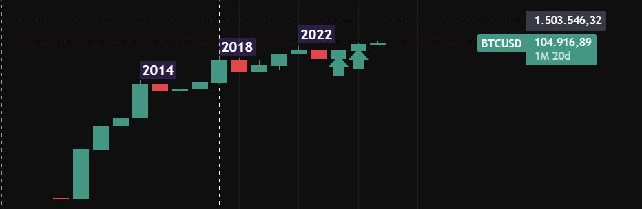 Grafico Anual de BTC, solo en los años de Bear Market hemos cerrado en rojo, si al 31 de diciembre del 2025 BTC cierra por debajo de 93 mil dólares tendríamos una vela anual roja, podríamos considerarla Bear Market? tranquilos... tic tac subiremos