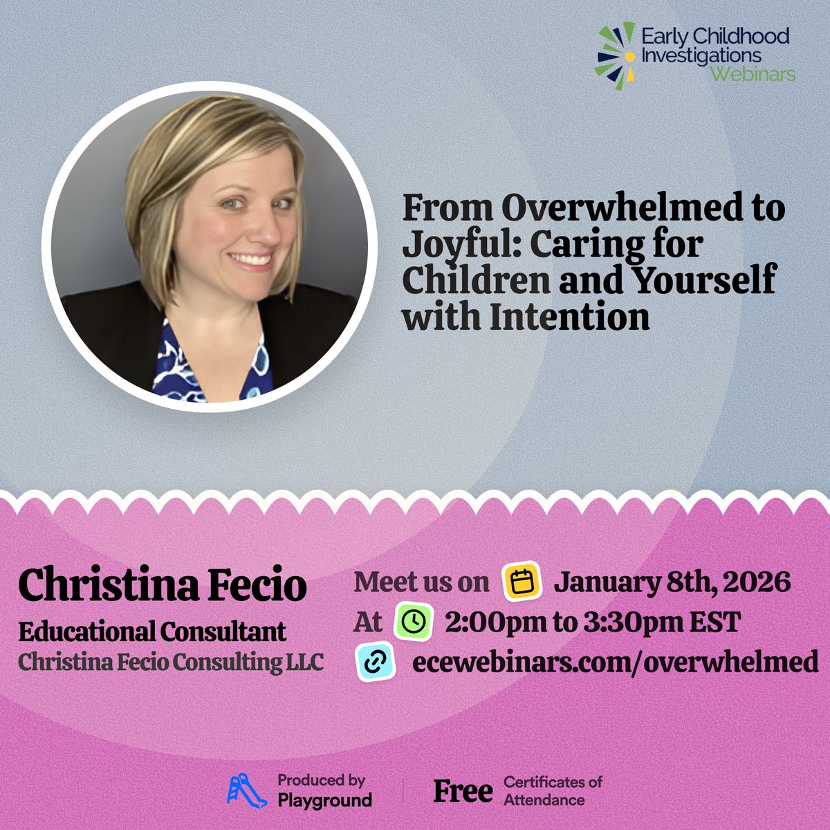 ECEWebinars's tweet image. 💛 Feeling stretched thin? Reclaim your joy in early childhood work! Join Christina Fecio, author of Small Things, Great Love, on Jan 8 for From Overwhelmed to Joyful: Caring for Children &amp;amp; Yourself with Intention.
Free webinar: ecewebinars.com/4oXSQeE

#ECEwebinars #ECE