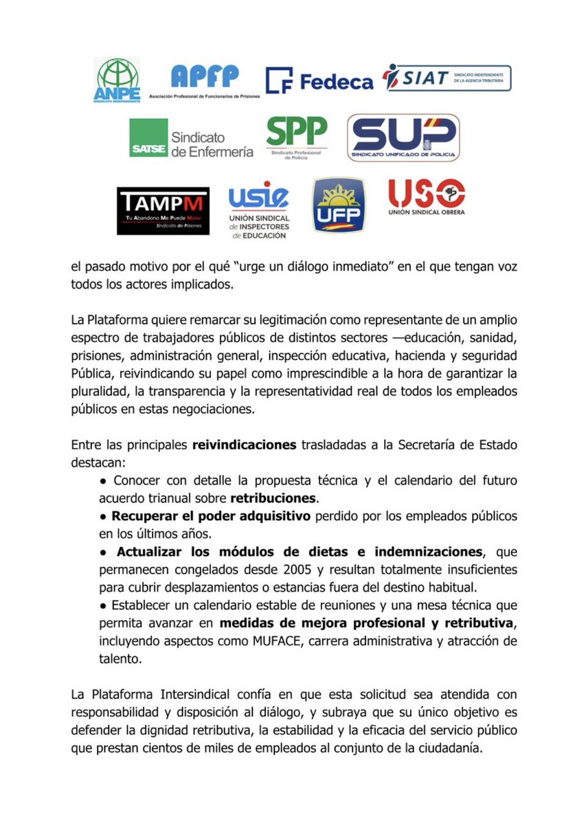 📢 La Plataforma Intersindical, integrada por ANPE, APFP, FEDECA, SATSE, SIAT, SPP, SUP, TAMPM, UFP, USIE y USO, solicita reunirse con la nueva Secretaría de Estado de Función Pública para participar en la negociación sobre retribuciones y condiciones del personal público