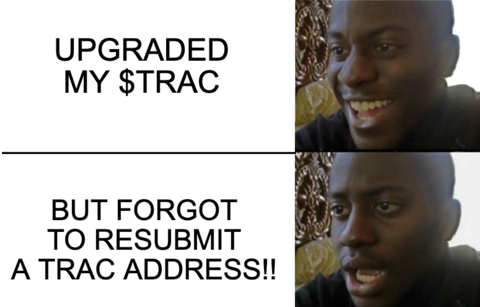 TracNetwork's tweet image. YOU MUST ACT NOW! 🚨

The mandatory, Trac Address Resubmission period runs from 𝐍𝐨𝐯𝐞𝐦𝐛𝐞𝐫 𝟓𝐭𝐡 - 𝟏𝟑𝐭𝐡.

If you have not yet Resubmitted your Trac Address, you only have until tomorrow at 23:59:59 UTC!

See pinned post for more info 📌