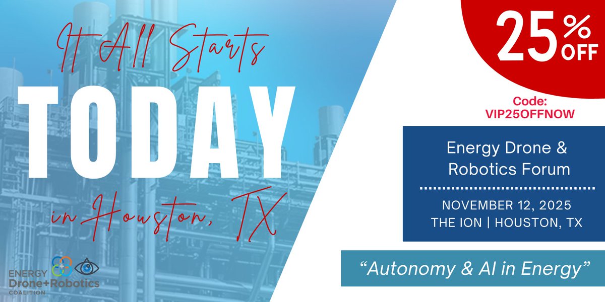 enrgdrone's tweet image. It all kicks off TODAY!
The Energy Drone &amp;amp; Robotics + Industrial AI Nexus Forums are live at The Ion, Houston!

🎟️ Use code VIP25OFFNOW for 25% off — don’t miss the AI, drones, robotics &amp;amp; energy innovation everyone will be talking about.
👉 hubs.la/Q03SLnZ60