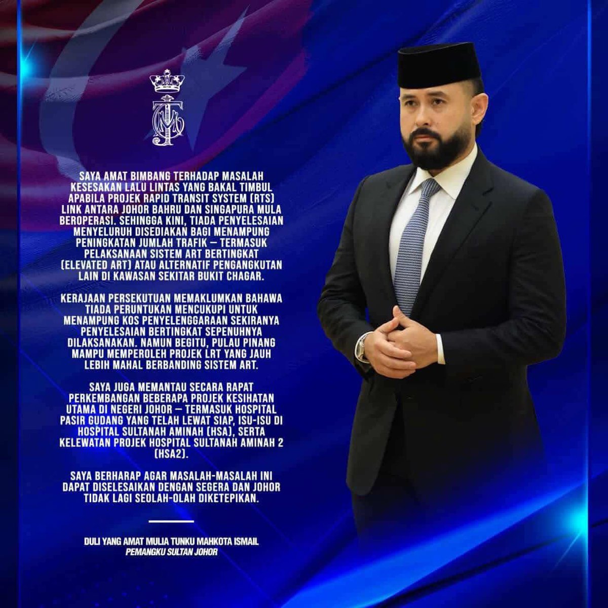 Saya amat bimbang terhadap masalah kesesakan lalu lintas yang bakal timbul apabila Projek Rapid Transit System (RTS) Link antara Johor Bahru dan Singapura mula beroperasi. Sehingga kini, tiada penyelesaian menyeluruh disediakan bagi menampung peningkatan jumlah trafik — termasuk