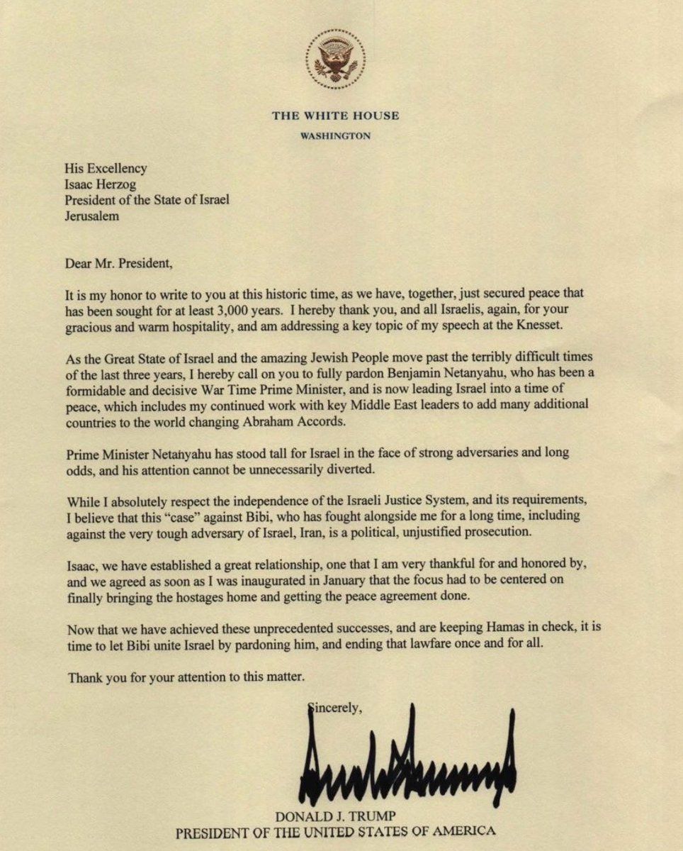 LauraAboli_X's tweet image. 🔥 Trump’s Pardon Trap

Everyone’s reading this letter as a gesture of support for Netanyahu. Trump urging President Herzog to pardon him, calling him a “formidable War-Time Prime Minister.” But what if that’s not the real play?

A pardon sounds merciful on the surface, but…