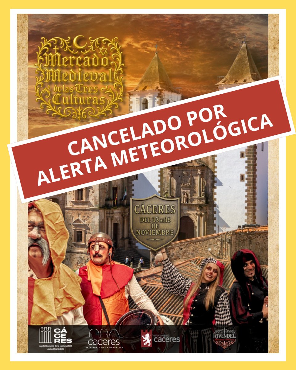 La seguridad es lo primero. 

Hasta ahora solo daban lluvia, pero hoy el panorama ha cambiado al decretarse alertas meteorológicas para el fin de semana. 

Por eso esta mañana, hemos decidido por unanimidad CANCELAR el mercado medieval. 

Una lástima, pero es lo más sensato.