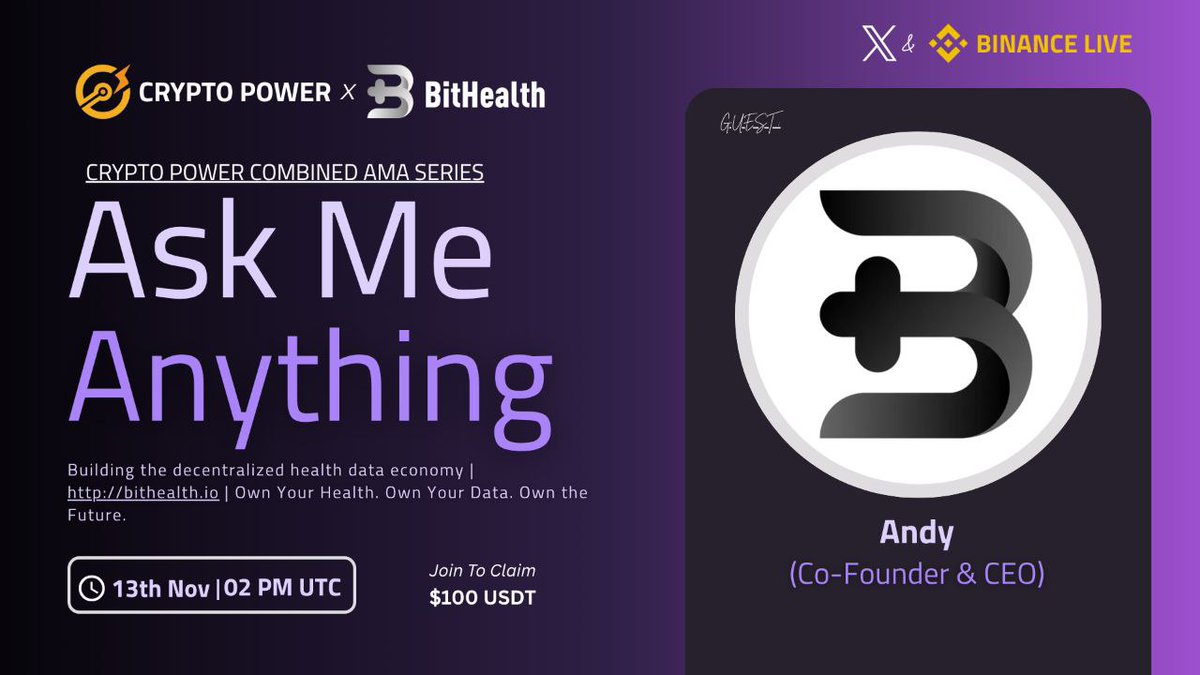 🎙 Join us for an exciting AMA with <a href="/BitHealth_/">BitHealth Protocol</a>! 🚀

🏠Venue : binance.info/live/video?roo…
Twitter Live Set Reminder :) x.com/i/broadcasts/1…

🗓 Date: 13th November, 2025
⏰ Time: 02:00 PM UTC
💲Reward : $100 USDT 

How to Participate:
1️⃣ Follow: <a href="/BitHealth_/">BitHealth Protocol</a> &amp; <a href="/cryptopower26/">Crypto Power</a>
2️⃣