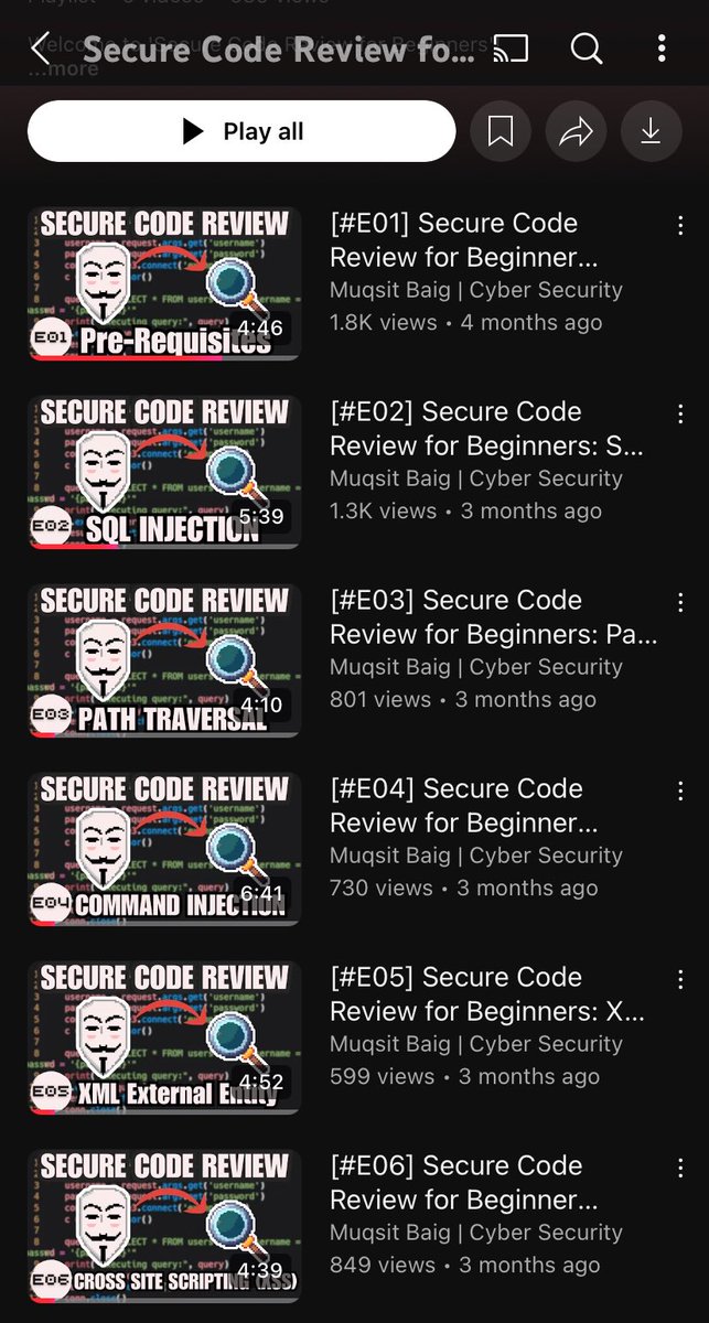 💻 If you’ve never done a Secure Code Review, start with this video series.

It covers real-world vulnerabilities, examples, and review tips.

Find it directly on YouTube to give the channel a small boost ❤️