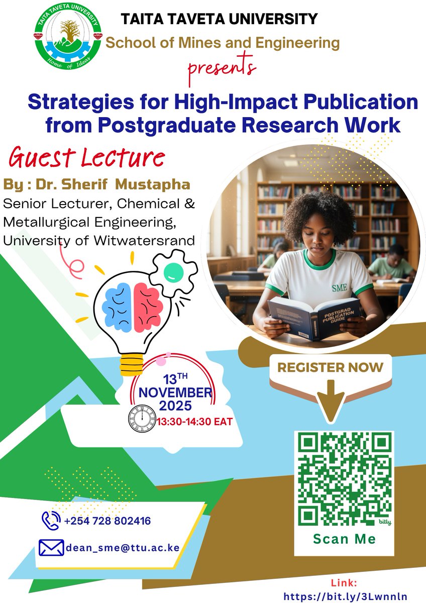 📢 Calling all postgrads &amp; researchers!  
Join Dr. Sherif Mustapha (Uni of Witwatersrand) for a powerful session on high-impact publication strategies.  
🗓️ 13th Nov
🕒 1:30–2:30 PM 
🔗 bit.ly/3Lwnnln 
<a href="/TaitaTavetaUni/">Taita Taveta University</a> <a href="/hopadero/">Nashon J. Adero</a> <a href="/TTUProjects/">TTU Projects</a> <a href="/Benalunda/">Benvalet</a> <a href="/ImpactBorderle1/">Impact Borderless Digital</a>