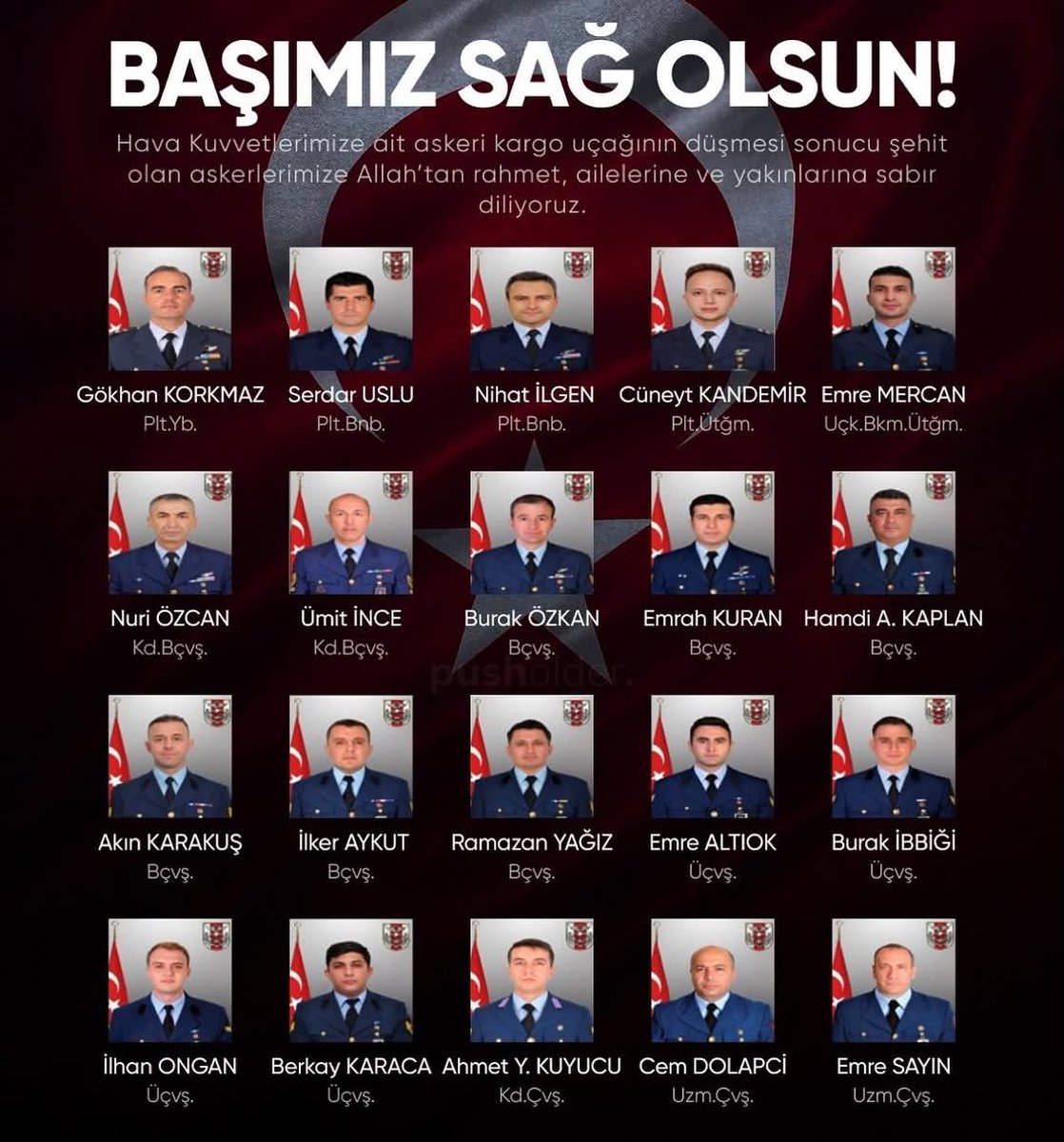 Başımız sağolsun.
Gürcistan-Azerbaycan sınırında, Hava Kuvvetlerimize ait askeri kargo uçağının düşmesi sonucu şehit olan askerlerimize Allah’tan rahmet, ailelerine ve yakınlarına sabır diliyoruz.