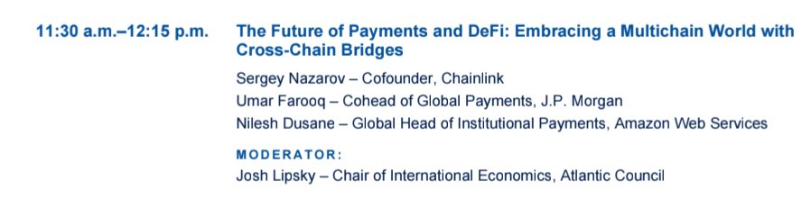 $LINK speaking at Federal Reserve Bank 9th annual Fintech conference today with head of global payments at JP Morgan and head of institutional payments at AWS. 

(The future of payments and DeFi)