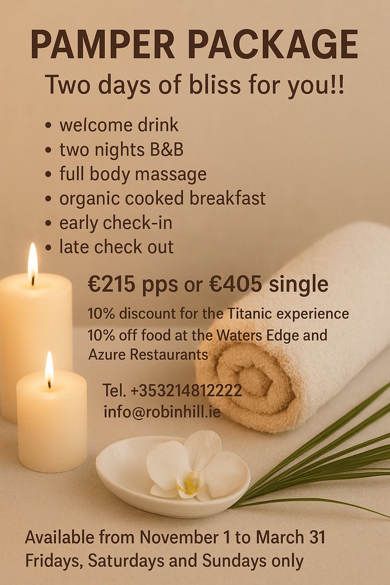 Escape This Fall &amp; Winter with a 2-Night B&amp;B Spa Break in Cobh
Treat yourself to the ultimate weekend getaway at the stunning Robin Hill House in Cobh.
📷 Available Fridays, Saturdays &amp; Sundays from 1st November – 31st March 📷
Your rejuvenating retreat includes:
📷 Welcome Drink