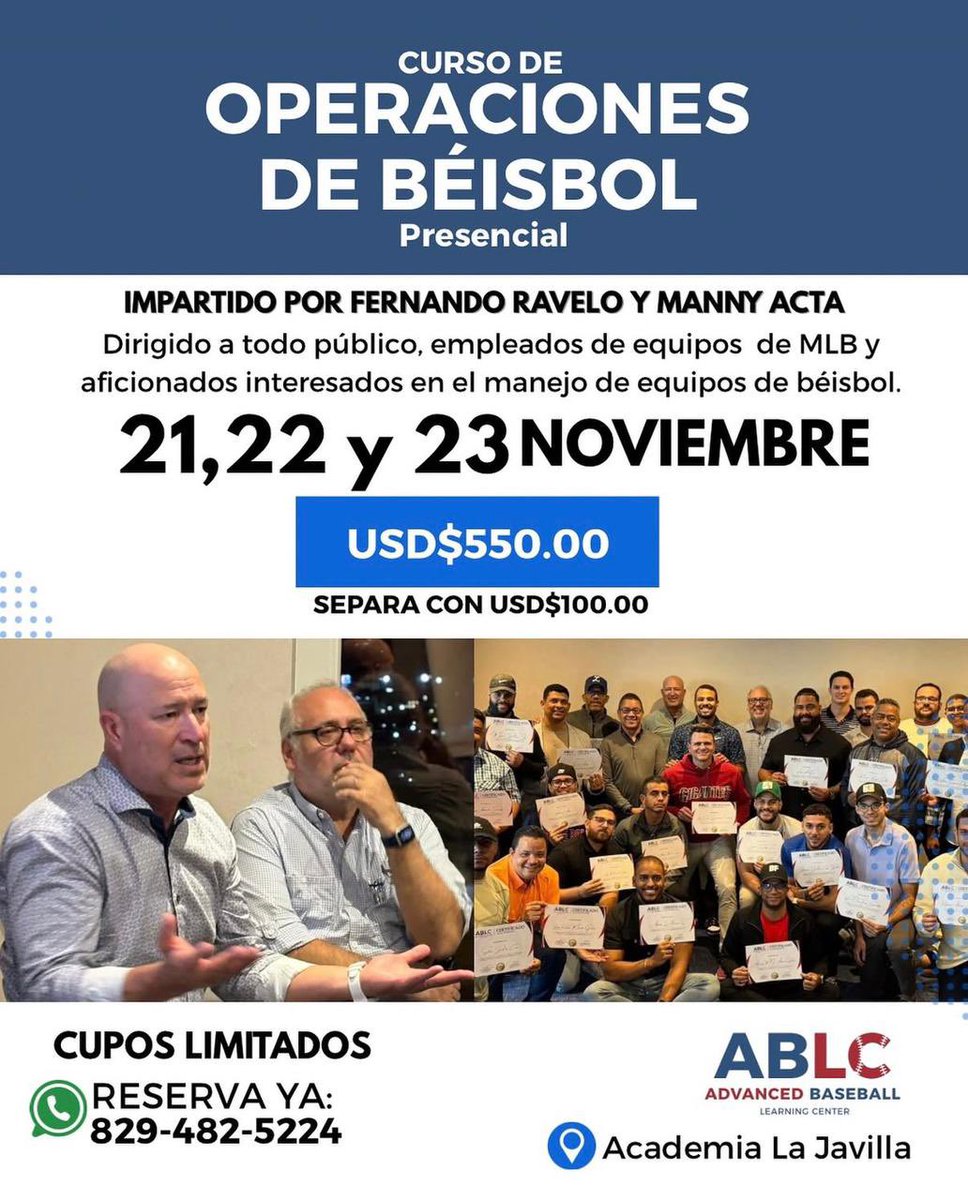 ¿Quieres prepararte en el único curso de Operaciones de Béisbol del país? No pierdas la oportunidad de conocer las reglas, procesos, construcción de roster y cómo se corre un equipo de béisbol con <a href="/MannyActa14/">Manny Acta</a> y <a href="/fjravelo63/">Fernan Ravelo Jana</a> 21,22,23 de noviembre. Últimos cupos al 829-482-5224.