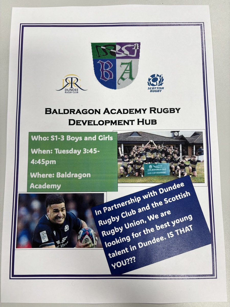 New Rugby Club 📢

For S1-3 boys and girls 🏉

Tuesdays after school 🙌🏼