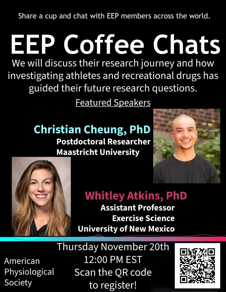 APSEEPSection's tweet image. ☕️ Our Coffee Chats are back!

Join us with
👨‍🔬 Dr. Christian Cheung (@cp_cheung, Maastricht University)
👩‍🔬 Dr. Whitley Atkins (@whitleyatkins, University of New Mexico @UNM)
📅 Nov 20 | 12 PM EST
📲 Scan the QR code to register!