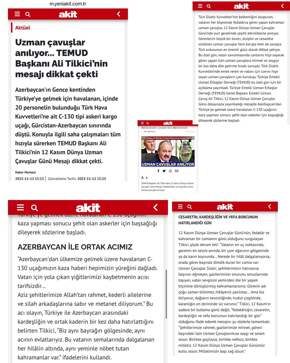 Editör Sebahattin AYAN / İstanbul ve Akit Gazetesi’ne, 12 Kasım Dünya Uzman Çavuşlar Günü’nü kutlayarak bu anlamlı günü haberleştirip kamuoyuna taşıdıkları için teşekkür ederiz.
Bu vesileyle, aziz şehitlerimize Allah’tan rahmet diliyoruz. Vatan sağ olsun. 

Ali TİLKİCİ
TEMUD