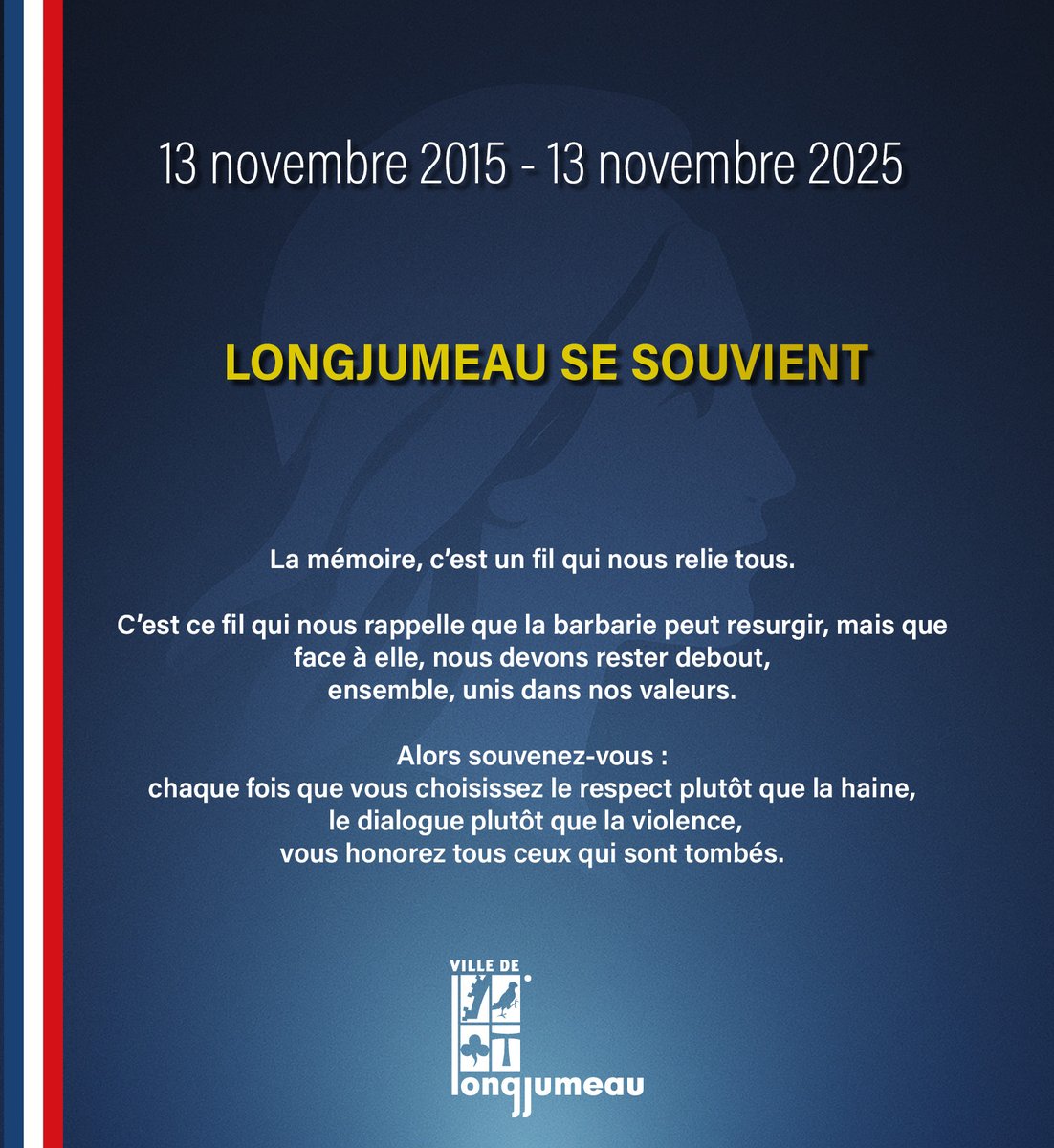🕯️𝗛𝗼𝗺𝗺𝗮𝗴𝗲 | En cette journée de commémoration,  notre ville rend hommage aux victimes des attentats du 13 novembre 2015. 
🤝 Dix ans après, nous nous souvenons ensemble et restons unis avec les familles et les proches.

#Longjumeau #13novembre #10ans