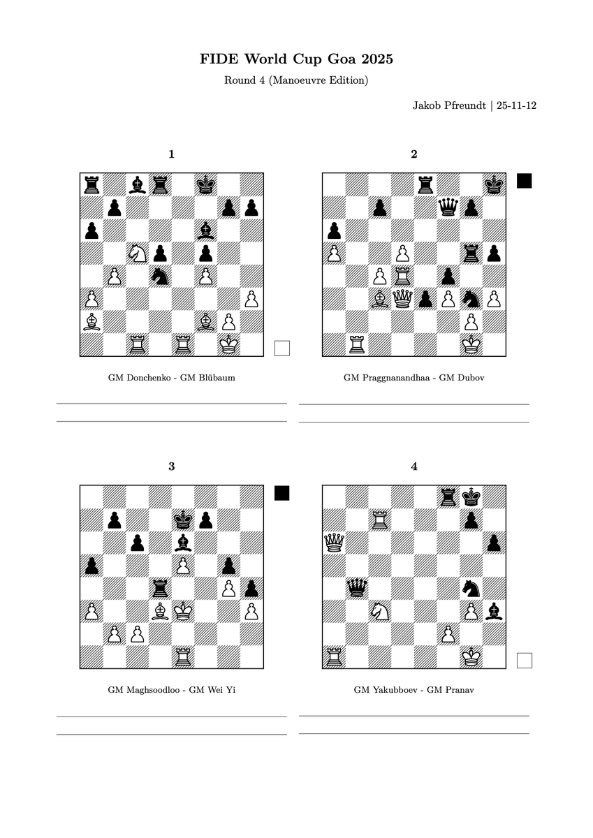 chess_mint's tweet image. World Cup Goa 2025 || Round 4

This round&apos;s exercise sheet is all about maneouvres. 
Can you find the right squares &amp;amp; routes for our pieces to effectively attack the opponent&apos;s weaknesses? 🏹

💚 Made with @chess_mint 
#FIDEWorldCup2025