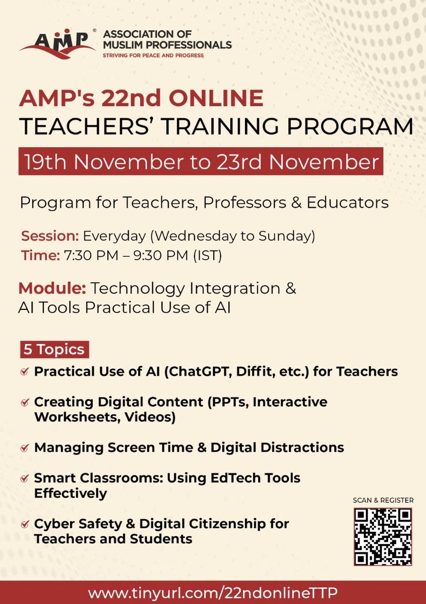 AmpIndia's tweet image. 🌟 𝐀𝐌𝐏’𝐬 𝟐𝟐𝐧𝐝 𝐎𝐍𝐋𝐈𝐍𝐄 𝐓𝐄𝐀𝐂𝐇𝐄𝐑𝐒’ 𝐓𝐑𝐀𝐈𝐍𝐈𝐍𝐆 𝐏𝐑𝐎𝐆𝐑𝐀𝐌 🌟
19𝙩𝙝 𝙉𝙤𝙫𝙚𝙢𝙗𝙚𝙧 𝙩𝙤 23𝙧𝙙 𝙉𝙤𝙫𝙚𝙢𝙗𝙚𝙧 2025 | 7:30 𝙋𝙈 – 9:30 𝙋𝙈