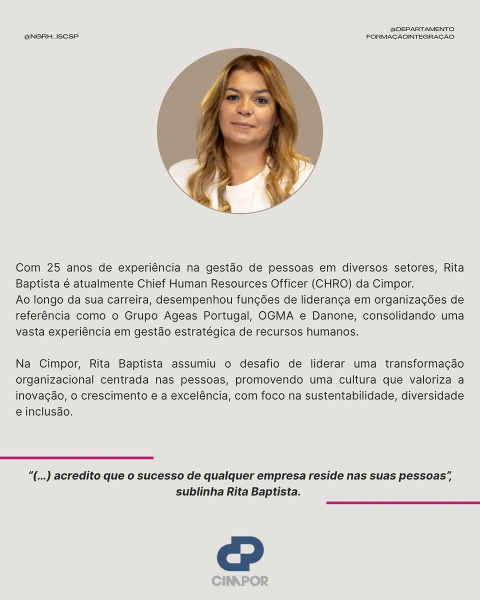 📅Dia 17 de novembro! 

Não percas esta palestra inspiradora com Rita Baptista, CHRO da Cimpor, e descobre como os Recursos Humanos podem ser o motor da transformação nas organizações.🩷

💡Uma iniciativa do departamento de formação e integração.