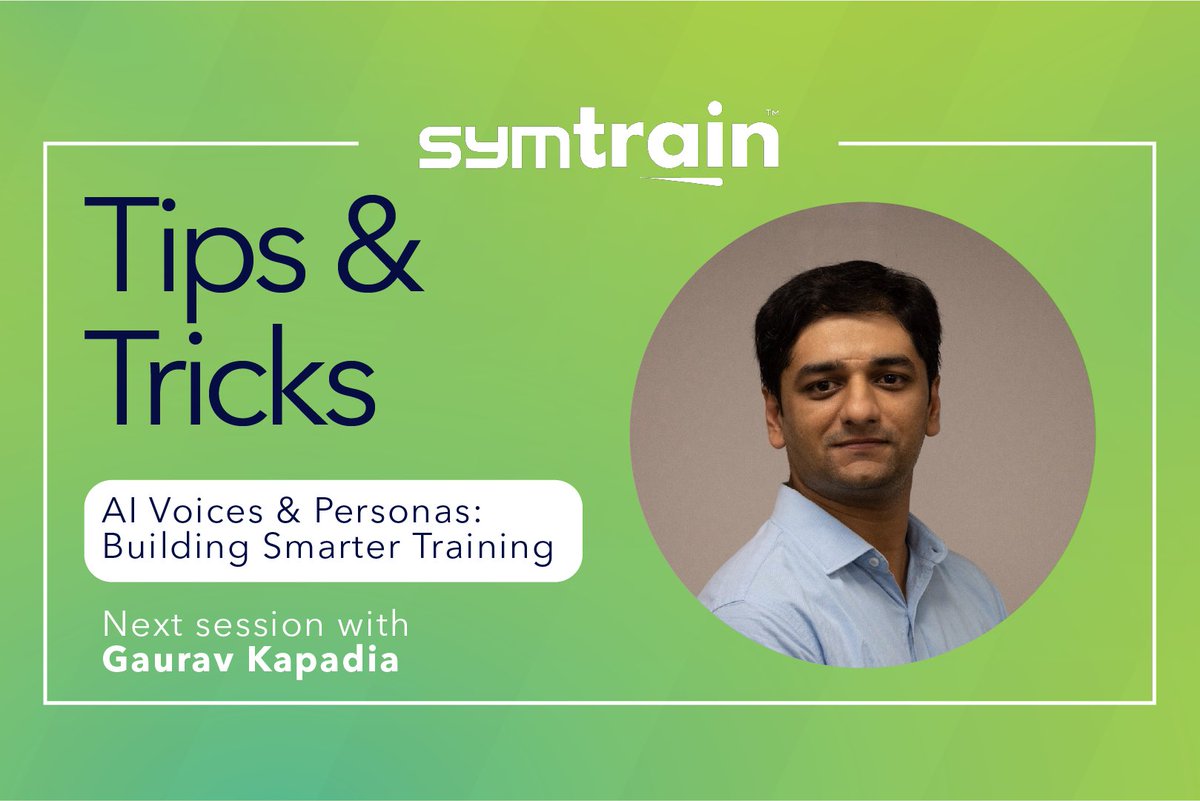 symtrain's tweet image. NEXT WEDNESDAY! Don&apos;t miss out on Tips and Tricks! With Implementation manager, Gaurav Kapadia who will delve into AI Voices &amp;amp; Personas: Building Smarter Training! Don&apos;t miss it! ✨
Register here: hubs.li/Q03SNd0_0 

Wed, Nov 19 | 2:00 PM EST
#symtrain #TipsTricks #Webinar