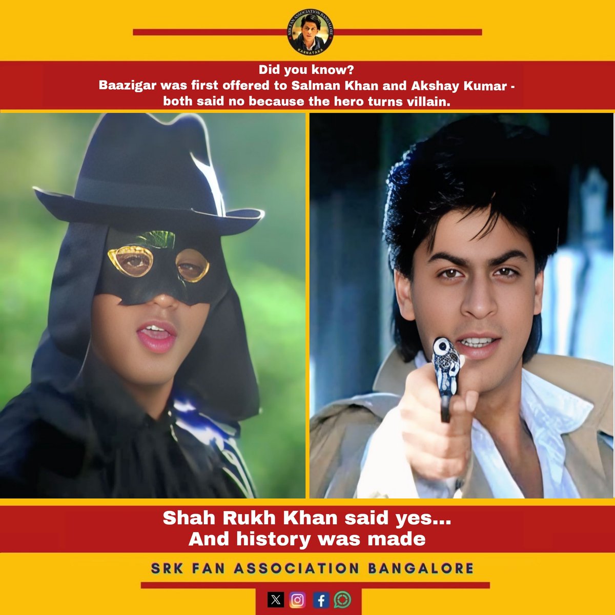 Srk_bangalore's tweet photo. Did you know? ♠️✨

Baazigar was first offered to Salman Khan and Akshay Kumar - both said no because the hero turns villain. @iamsrk said yes… 

And history was made. 👑🔥🎬

#32YearsOfBaazigar
#ShahRukhKhan #SRK #KingKhan #King https://t.co/9uPyXaMwcH