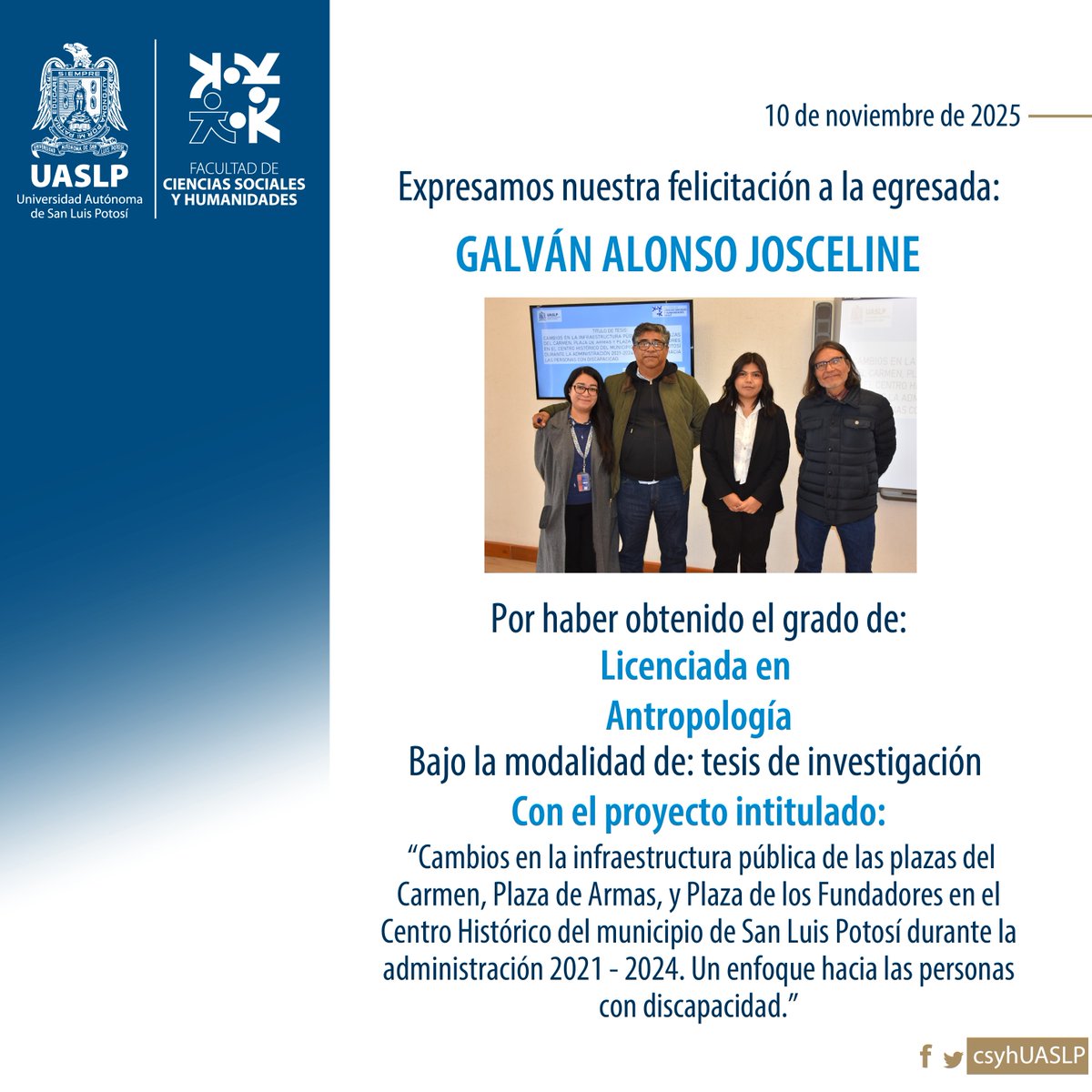 csyhUASLP's tweet image. ¡Felicidades! 🏫👩‍🎓🎉
#egresada #titulada #UASLP #FCSyH #Antropología