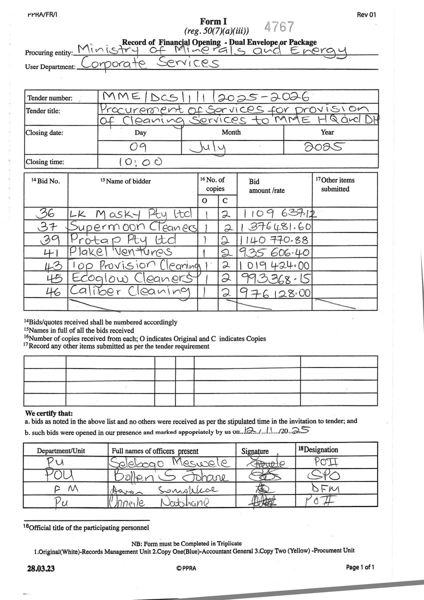 TENDER NUMBER: MME/DCS/1/1/2025-2026
CLOSING DATE:      09 JULY 2025
CLOSING TIME:      1000HRS
TENDER TITLE:        PROCUREMENT OF SERVICES FOR   PROVISION OF CLEANING SERVICES