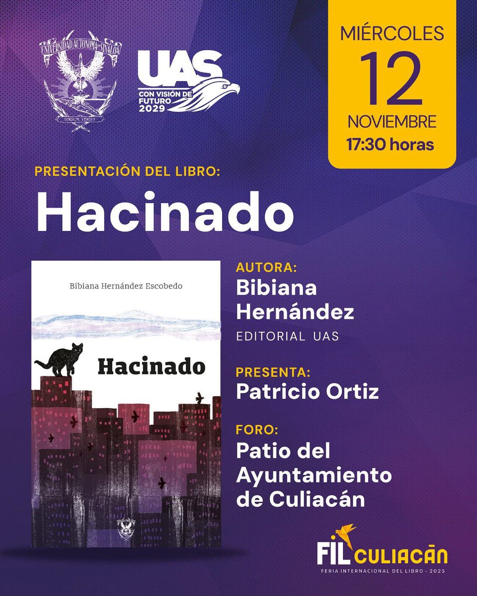 Hoy en la FIL Culiacán participaremos con una charla sobre la propuesta editorial de UAS, a cargo de Francisco Alcaraz, a las 12 horas, en  el Patio del Ayuntamiento y a las 16:30horas  presentaremos en el mismo lugar  el libro: Hacinados de Bibiana Hernández. #libros #Sinaloa