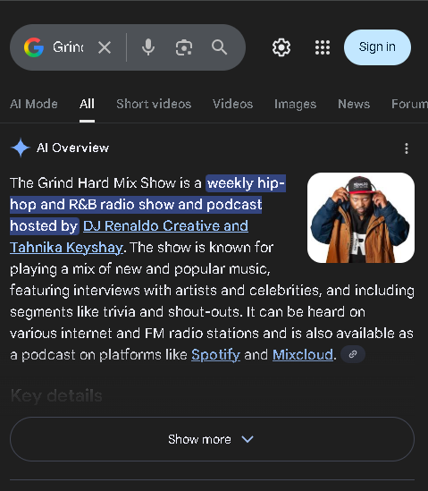 grindhardmix's tweet image. Thanks @Google  for creating the Grind Hard Mix Show Google Knowledge Panel at share.google/avvbXQASOKZiLJ…

#RadioShow #knowledgePanel

🏆 Proud 5x @sea_awards Nominee 

with @Tahnikakeyshay  @renaldocreative @Inspir3Radio