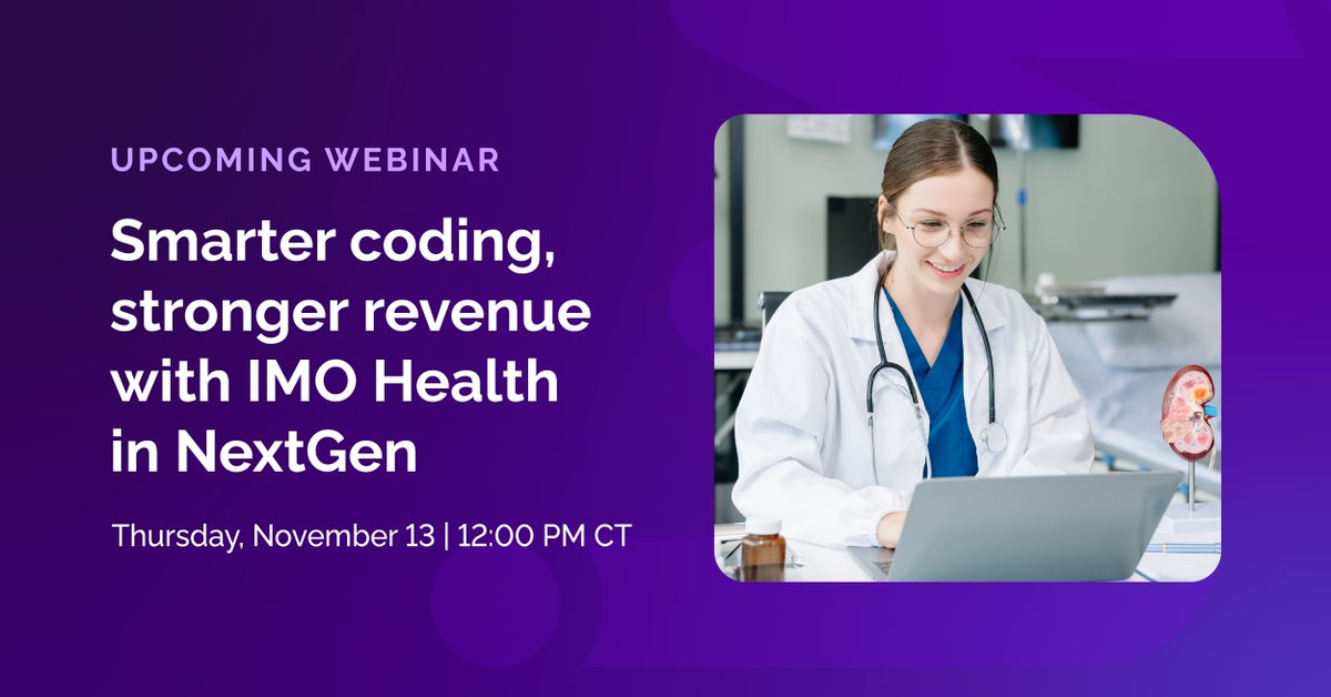 IMOsolutions's tweet image. Discover how IMO Health’s clinically guided prompts and structured terminology help you capture coding specificity, strengthen documentation integrity, and enhance reimbursement accuracy within your NextGen EHR.

Save your spot today: bit.ly/4hIAdJ5