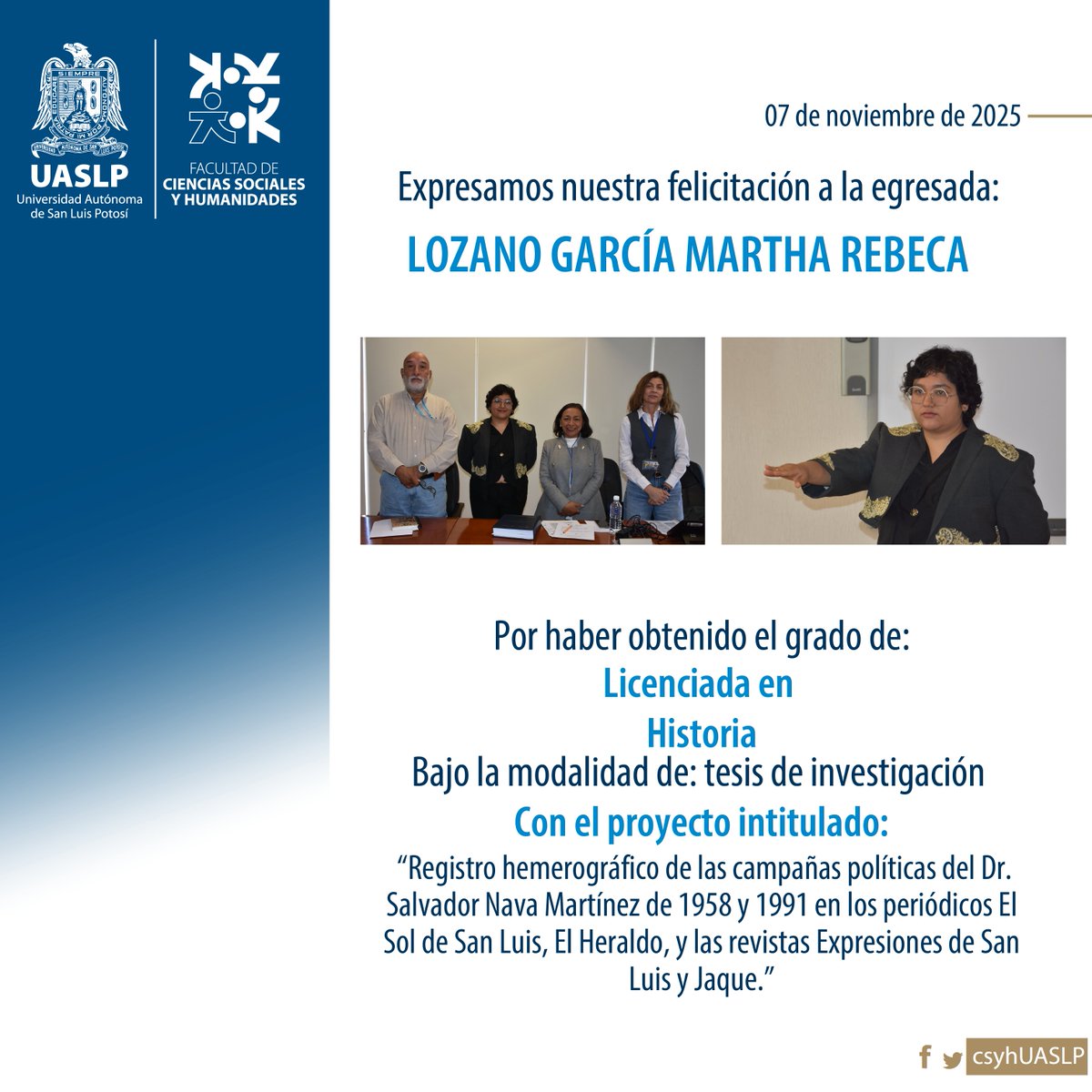 csyhUASLP's tweet image. ¡Muchas felicidades! 🦅🎓🎉
#egresada #titulada #UASLP #FCSyH #Historia